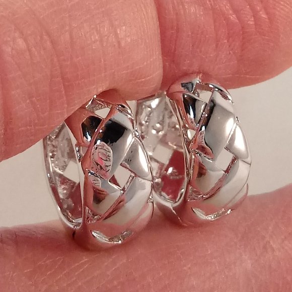 Mens 925 Silver Carved Layer Weaved Hoop Huggie Earrings 15mm Unisex Gorgeous